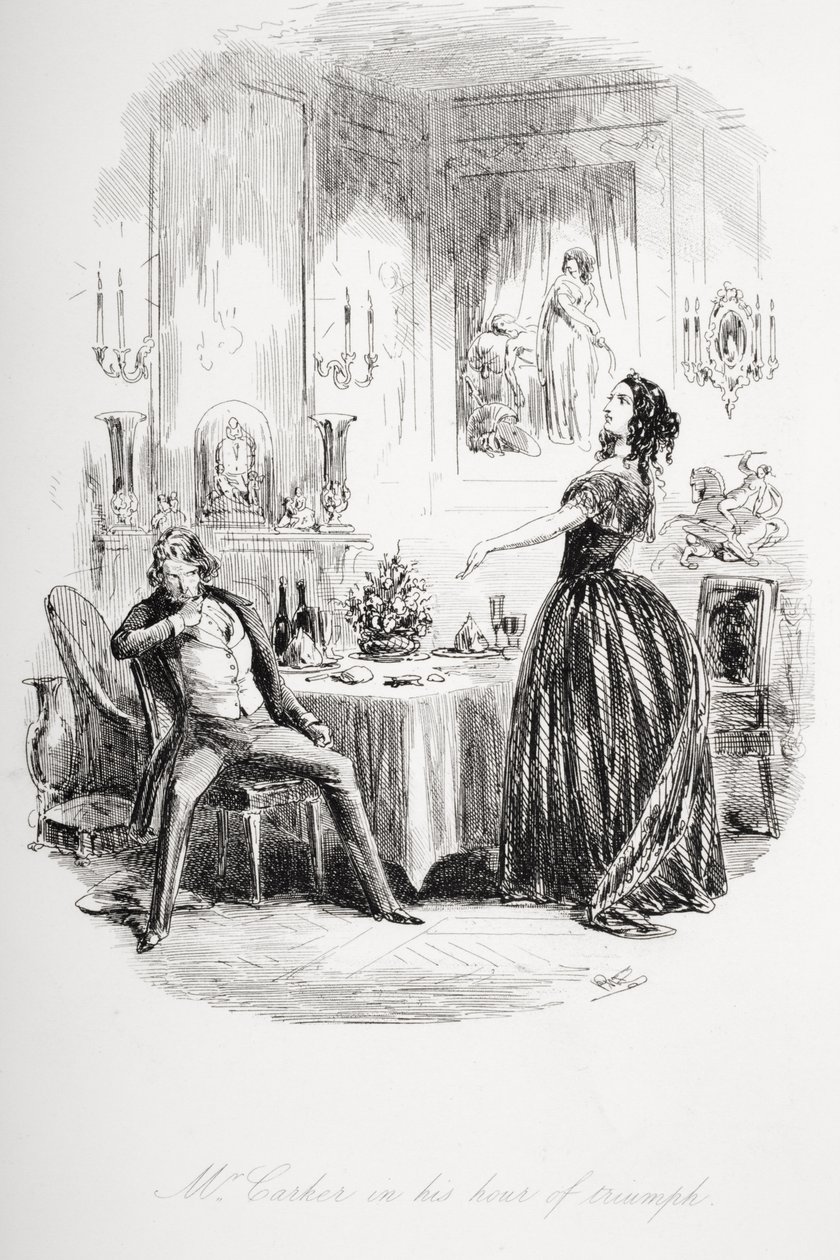 Mr. Carker voitonhetkellään, kuvitus Charles Dickensin (1812-70) teoksesta "Dombey and Son" julkaistiin ensimmäisen kerran 1848 tekijältä Hablot Knight Browne