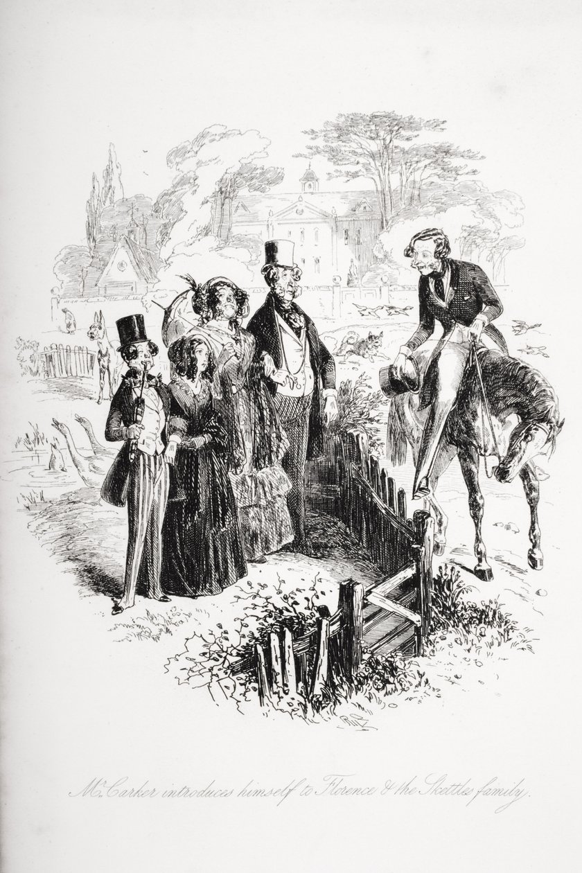 Mr. Carker esittelee itsensä Firenzelle ja Sketlesin perheelle, kuvitus Charles Dickensin (1812-70) teoksesta "Dombey and Son", joka julkaistiin ensimmäisen kerran 1848 tekijältä Hablot Knight Browne
