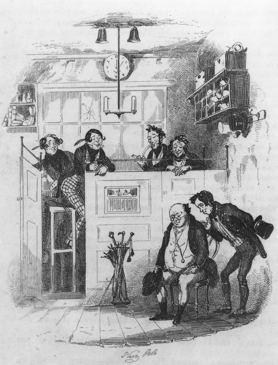 Herra Pickwick ja Sam asianajajan toimistossa, kuvitus Charles Dickensin teoksesta 