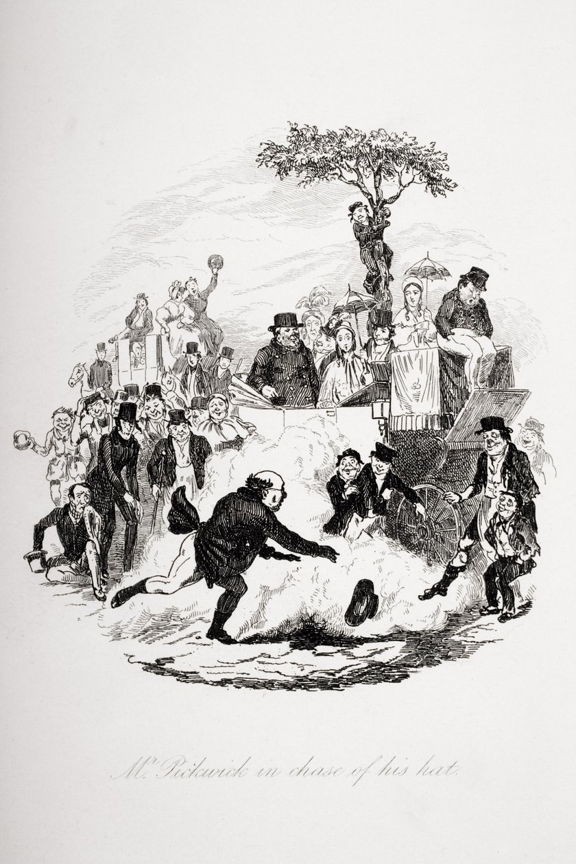 Mr. Pickwick jahtaa hattuaan, kuvitus Charles Dickensin (1812-70) Pickwick Papersista, julkaistu 1837 tekijältä Hablot Knight Browne