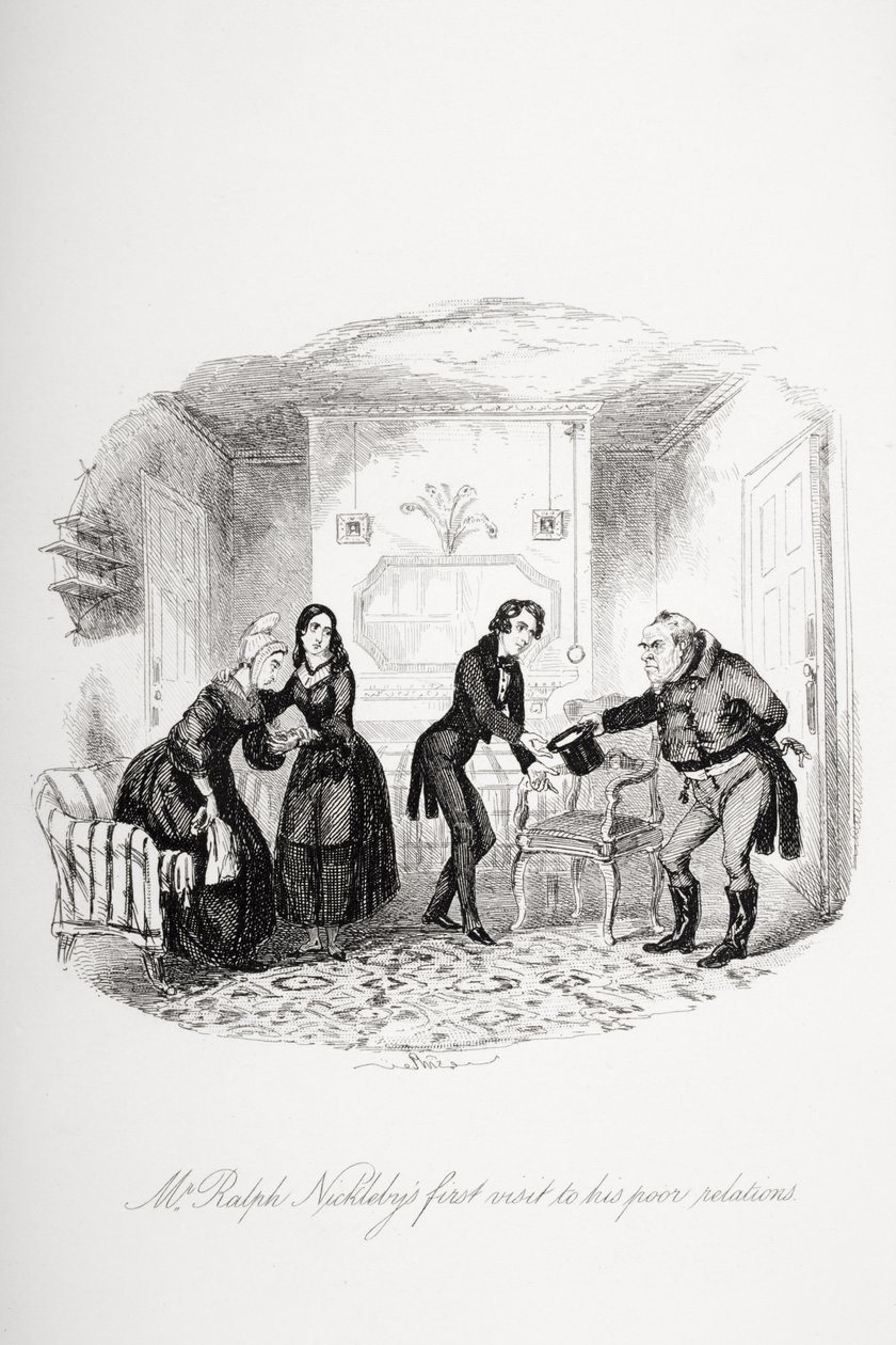 Ralph Nicklebyn ensimmäinen vierailu köyhien suhteiden luona, kuvitus Charles Dickensin (1812-70) "Nicholas Nicklebystä" julkaistiin 1839 tekijältä Hablot Knight Browne