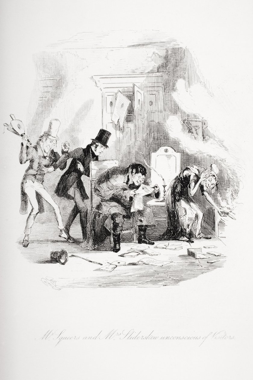 Mr. Squeers ja rouva Sliderskew tietämättöminä vierailijoista, kuvitus Charles Dickensin (1812-70) "Nicholas Nicklebystä" julkaistiin 1839 tekijältä Hablot Knight Browne