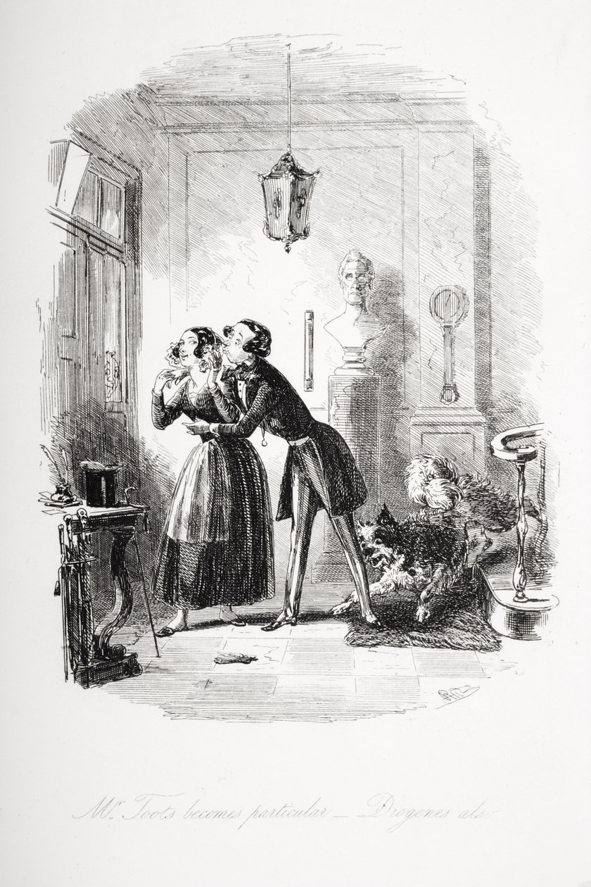 Mr. Tootsista tulee erityinen, Diogenes myös, kuvitus Charles Dickensin (1812-70) "Dombey and Son" -julkaisusta, joka julkaistiin ensimmäisen kerran 1848 tekijältä Hablot Knight Browne