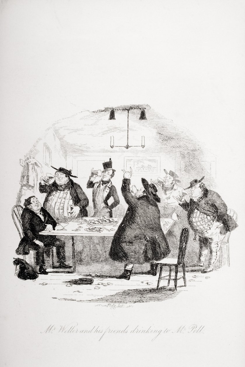 Mr. Weller ja hänen ystävänsä juomassa herra Pellille, kuvitus Charles Dickensin (1812-70) Pickwick Papersista, julkaistu 1837 tekijältä Hablot Knight Browne