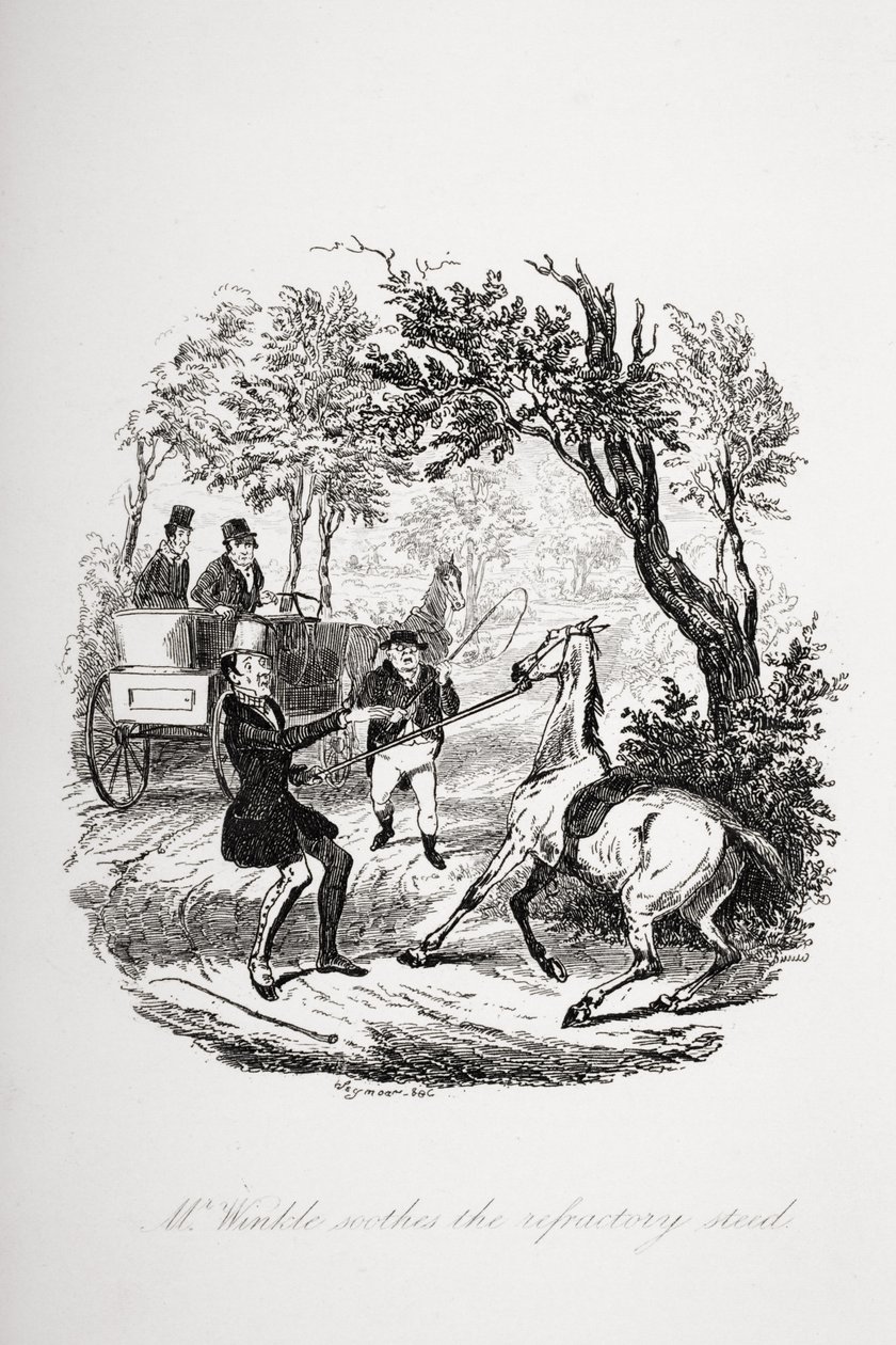Mr. Winkle rauhoittaa tulenkestävää ratsua, kuvitus Charles Dickensin (1812-70) Pickwick Papersista, julkaistu 1837 tekijältä Hablot Knight Browne