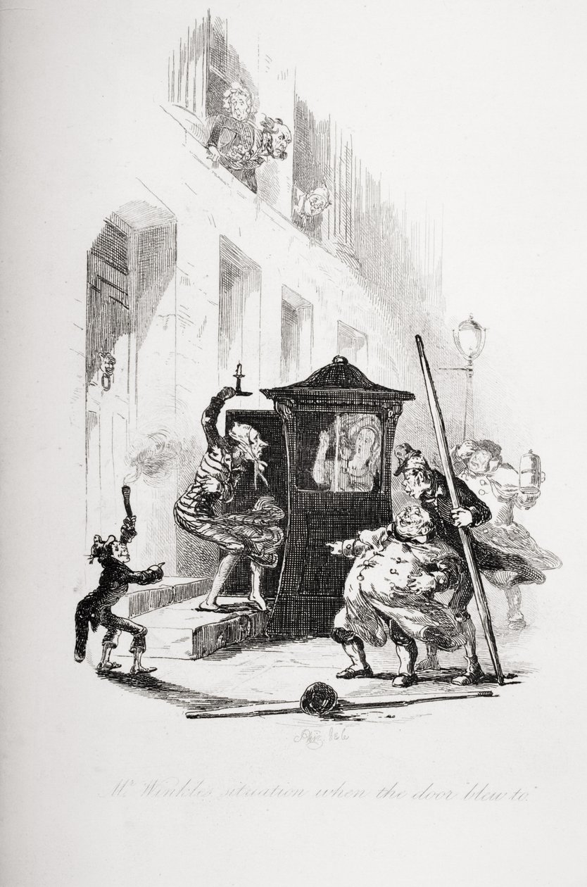 Mr. Winklen tilanne, kun ovi puhalsi, kuvitus Charles Dickensin (1812-70) Pickwick Papersista, julkaistu 1837 tekijältä Hablot Knight Browne