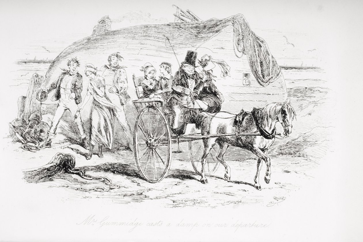 Rouva Gummidge kosteuttaa lähtöämme, kuvitus Charles Dickensin (1812-70) David Copperfieldistä, joka julkaistiin ensimmäisen kerran 1850 tekijältä Hablot Knight Browne
