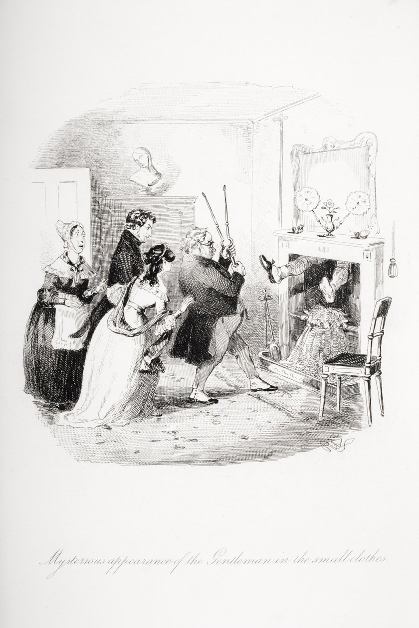 Pienvaatteisen herrasmiehen salaperäinen esiintyminen, kuvitus Charles Dickensin (1812-70) Nicholas Nicklebystä, julkaistu 1839 tekijältä Hablot Knight Browne