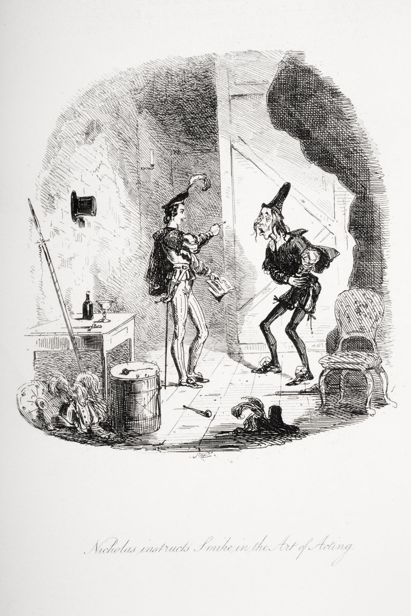 Nicholas opastaa Smikea näyttelemisen taiteessa, kuvitus Charles Dickensin (1812-70) Nicholas Nicklebystä, julkaistu 1839 tekijältä Hablot Knight Browne