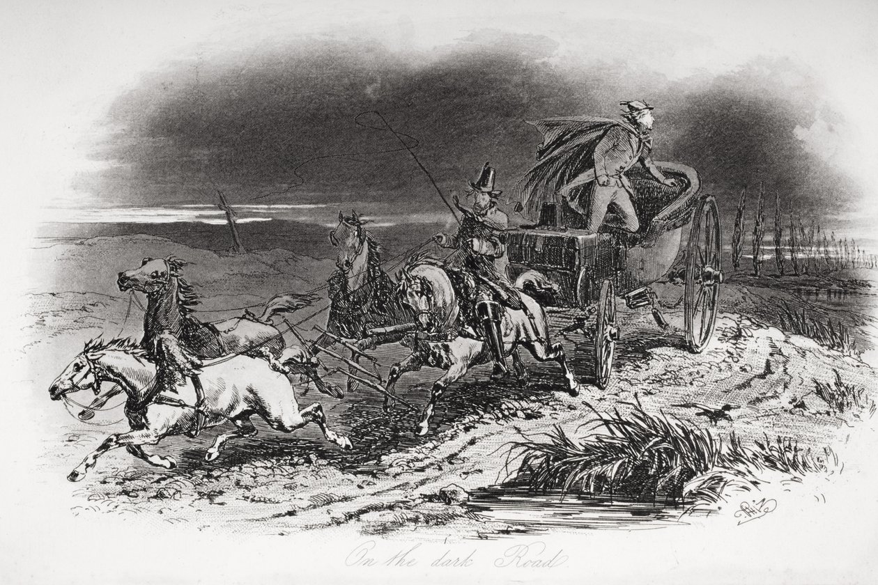 Pimeällä tiellä, kuvitus Charles Dickensin (1812-70) teoksesta "Dombey and Son" julkaistiin ensimmäisen kerran 1848 tekijältä Hablot Knight Browne