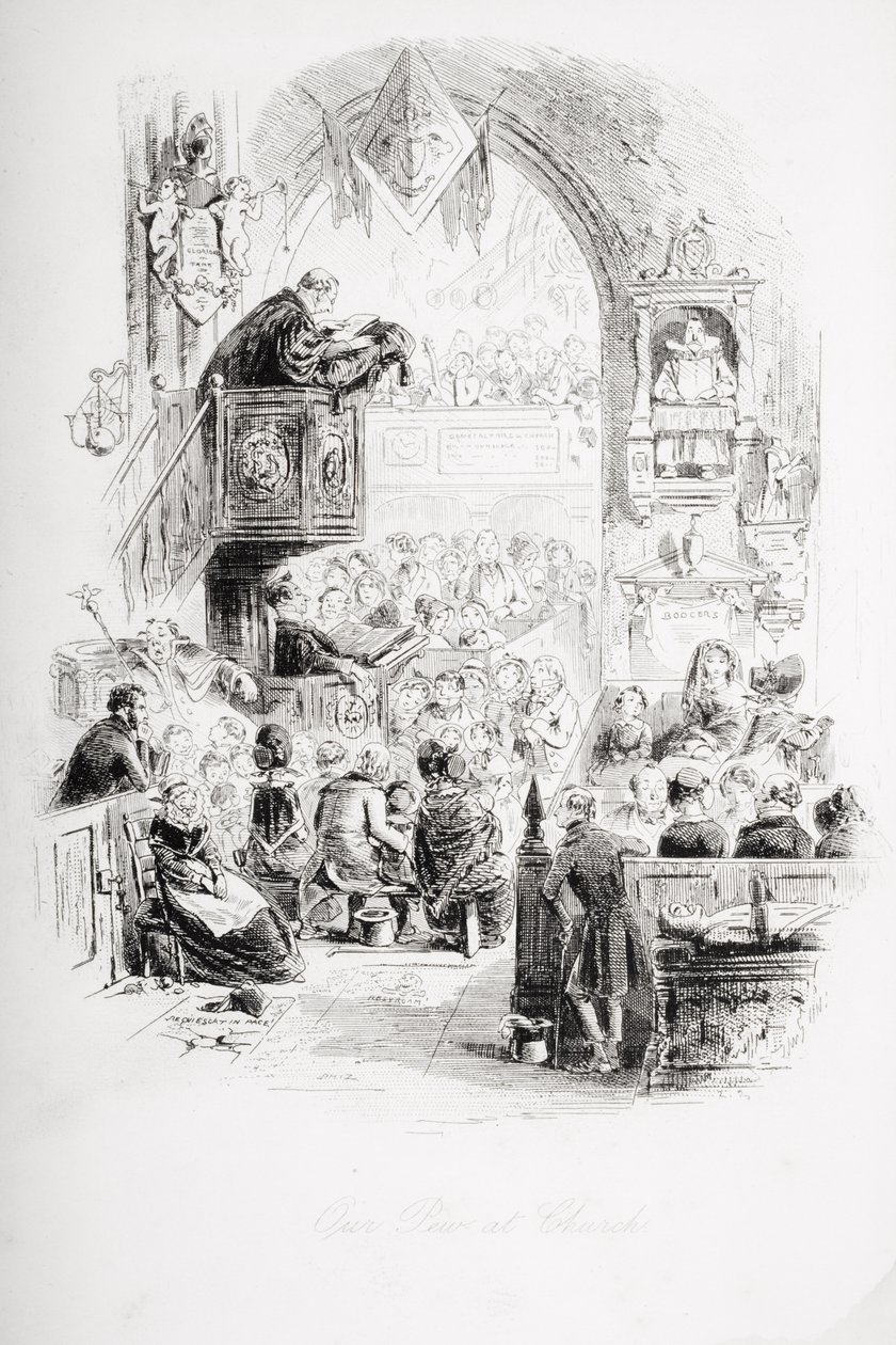 Penkkimme kirkossa, kuvitus Charles Dickensin (1812-70) "David Copperfieldistä" julkaistu ensimmäisen kerran 1850 tekijältä Hablot Knight Browne