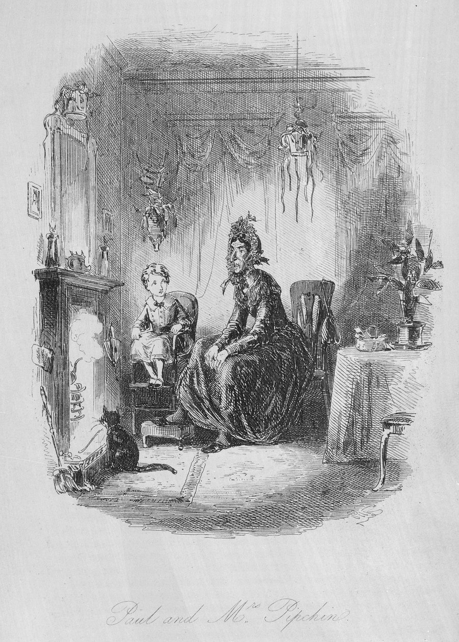 Paul ja rouva Pipchin, kuvitus Charles Dickensin (1812-70) teoksesta "Dombey and Son", julkaistu ensimmäisen kerran 1848 tekijältä Hablot Knight Browne