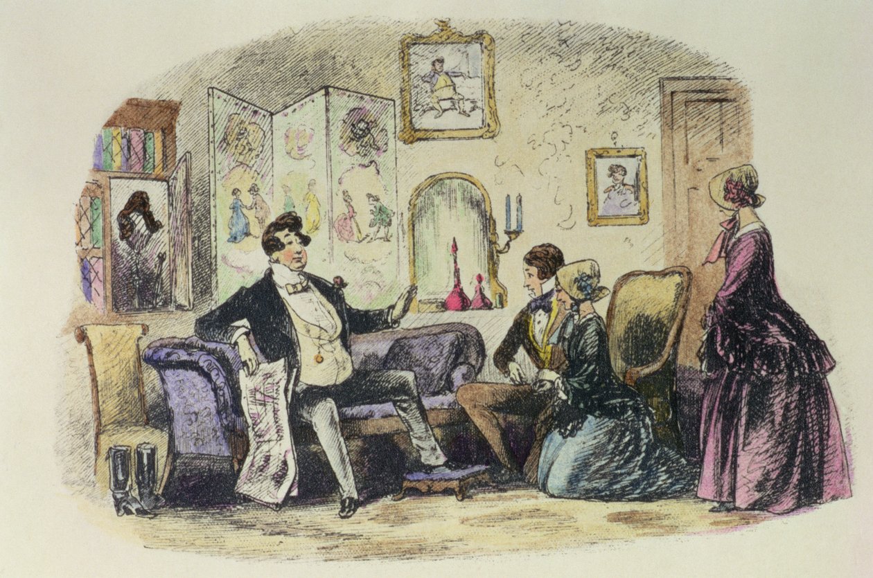 Prinssi Turveydrop siunaa poikaansa ja miniänsä, kun he ilmoittavat kihlauksestaan Esther Summersonin kanssa katsomassa, kuvitus Charles Dickensin (1812-70) "Bleak Housesta" 1853 (väri fi tekijältä Hablot Knight Browne