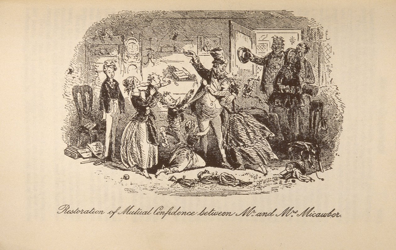 "Restoration of Mutual Confidence Between Mr ja Mrs Micawber", Charles Dickensin (1812-70) "David Copperfieldistä" tekijältä Hablot Knight Browne