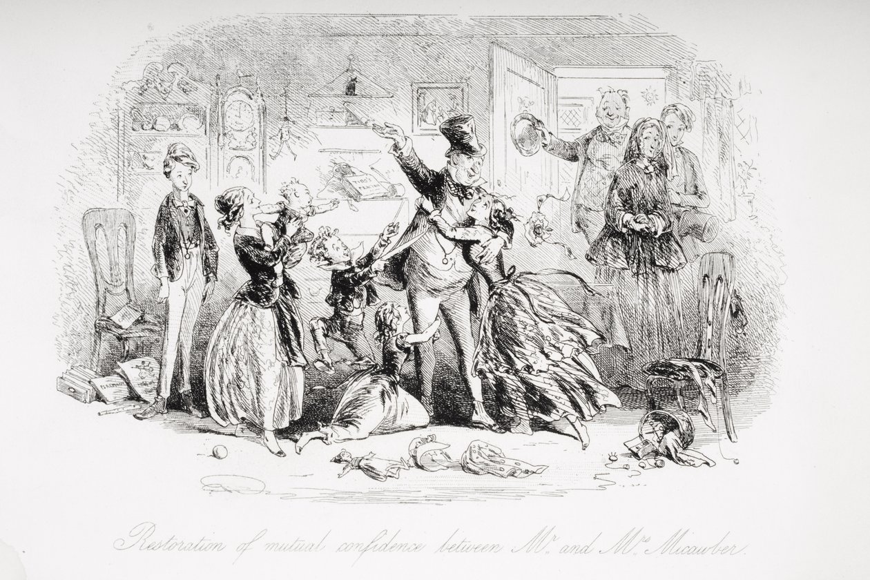 Keskinäisen luottamuksen palauttaminen herra ja rouva Micawberin välillä, kuvitus Charles Dickensin (1812-70) David Copperfieldistä, joka julkaistiin ensimmäisen kerran 1850 (litho) tekijältä Hablot Knight Browne