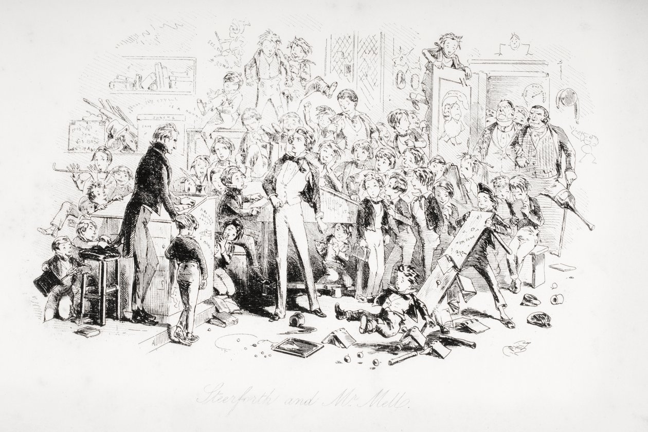Steerforth ja Mr. Mell, kuvitus Charles Dickensin (1812-70) David Copperfieldistä, joka julkaistiin ensimmäisen kerran 1850 tekijältä Hablot Knight Browne