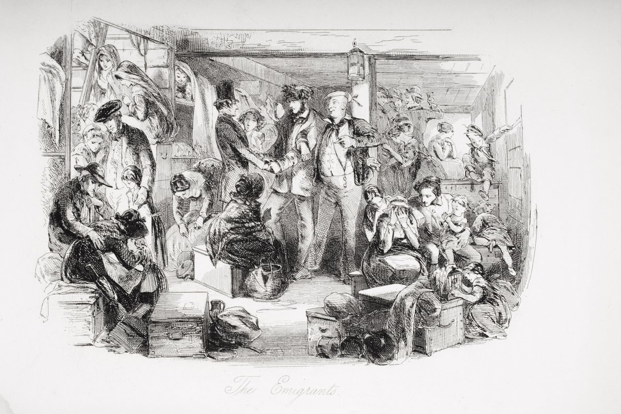 Emigrantit, kuvitus Charles Dickensin (1812-70) "David Copperfieldistä" julkaistiin ensimmäisen kerran 1850 (litho) tekijältä Hablot Knight Browne