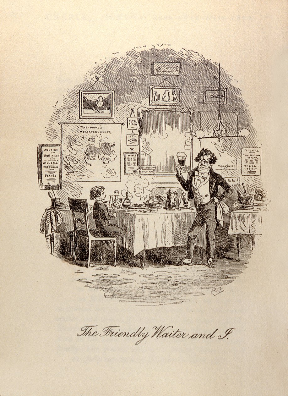 "The Friendly Waiter and I", Charles Dickensin (1812-70) "David Copperfield" -kirjasta tekijältä Hablot Knight Browne