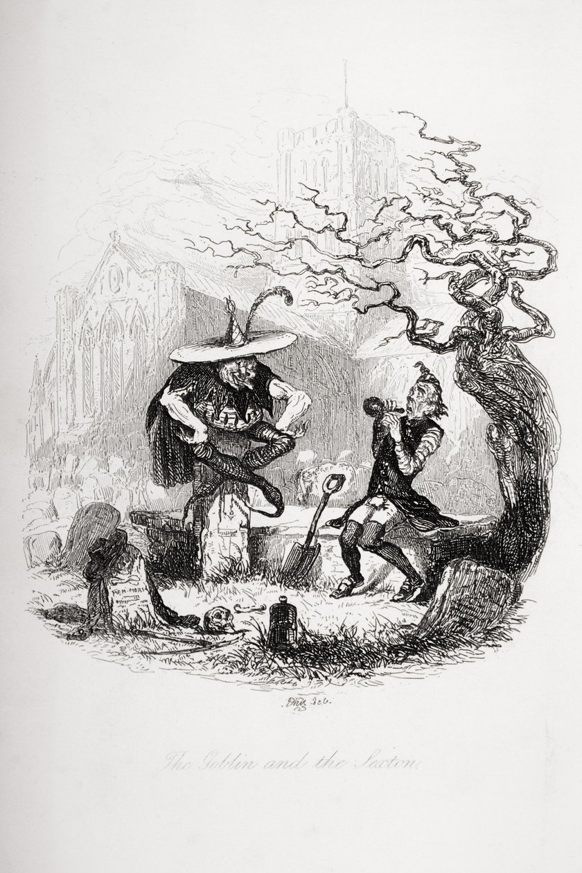 The Goblin and the Sexton, kuvitus Charles Dickensin (1812-70) Pickwick Papersista, julkaistu 1837 tekijältä Hablot Knight Browne