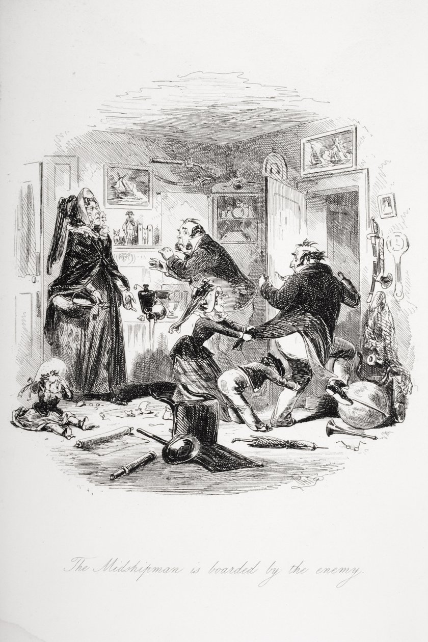 Vihollinen nousi Midshipmanin kyytiin, kuvitus Charles Dickensin (1812-70) teoksesta "Dombey and Son" julkaistiin ensimmäisen kerran 1848. tekijältä Hablot Knight Browne