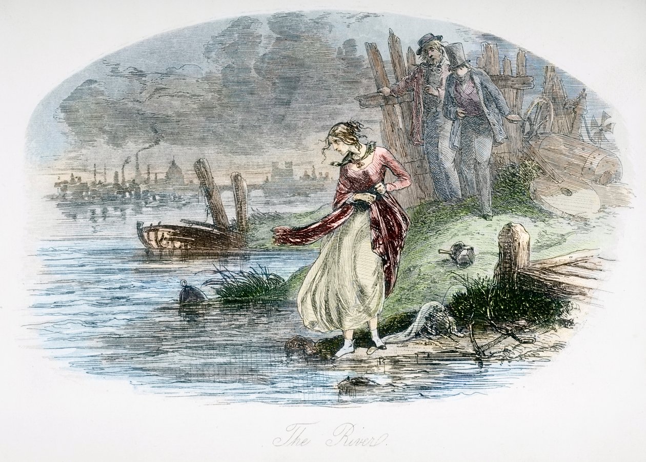 The River, kuvitus Charles Dickensin (1812-70) David Copperfieldistä, joka julkaistiin ensimmäisen kerran 1850 (myöhemmin väritetty) tekijältä Hablot Knight Browne
