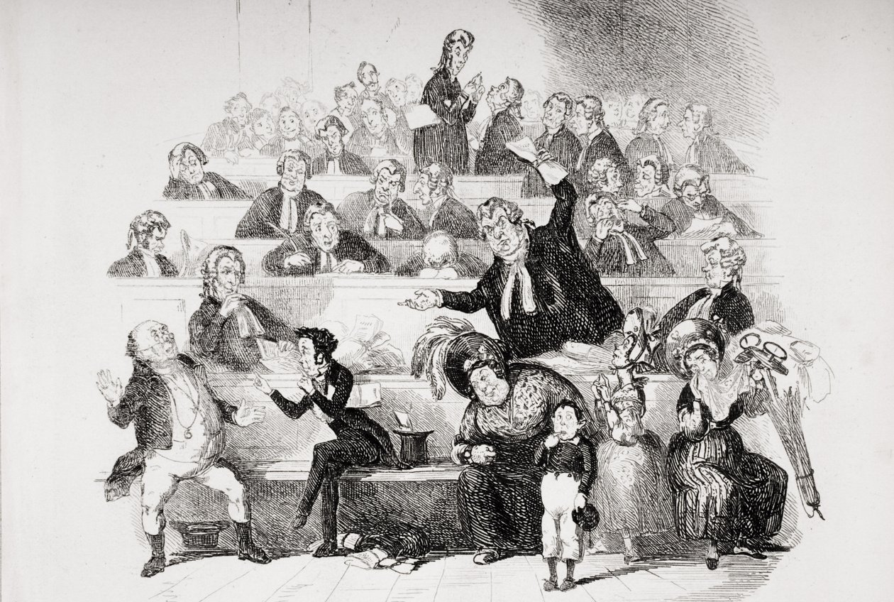 The Trial, kuvitus Charles Dickensin (1812-70) teoksesta Pickwick Papers, julkaistu 1837 (ks. myös 259104). tekijältä Hablot Knight Browne