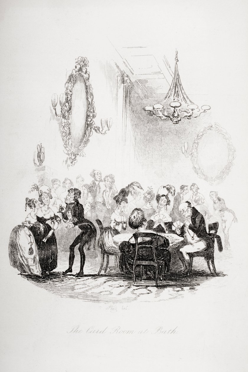 Bathin korttihuone, kuvitus "Pickwick Papersista", Charles Dickens (1812-70), julkaistu 1837 tekijältä Hablot Knight Browne