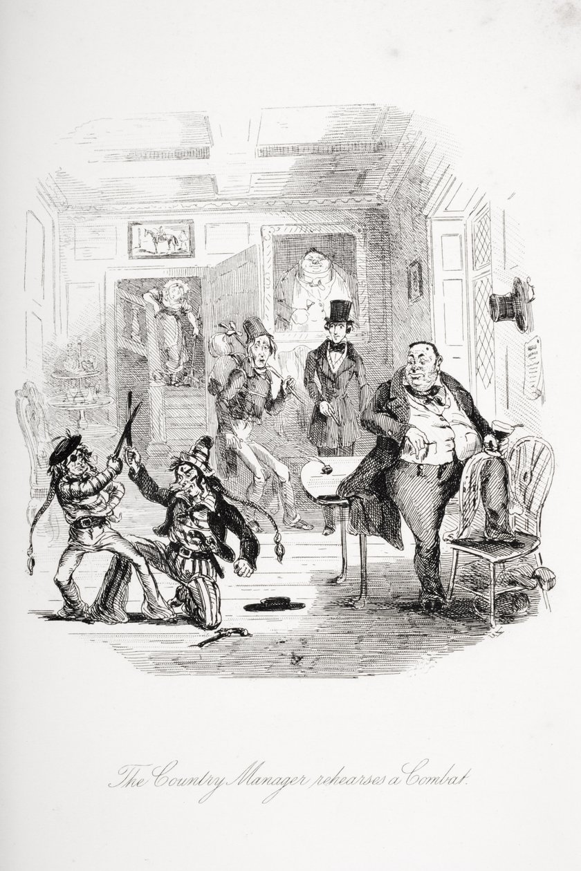 Maajohtaja harjoittelee taistelua, kuvitus Charles Dickensin (1812-70) Nicholas Nicklebystä, julkaistu 1839 tekijältä Hablot Knight Browne