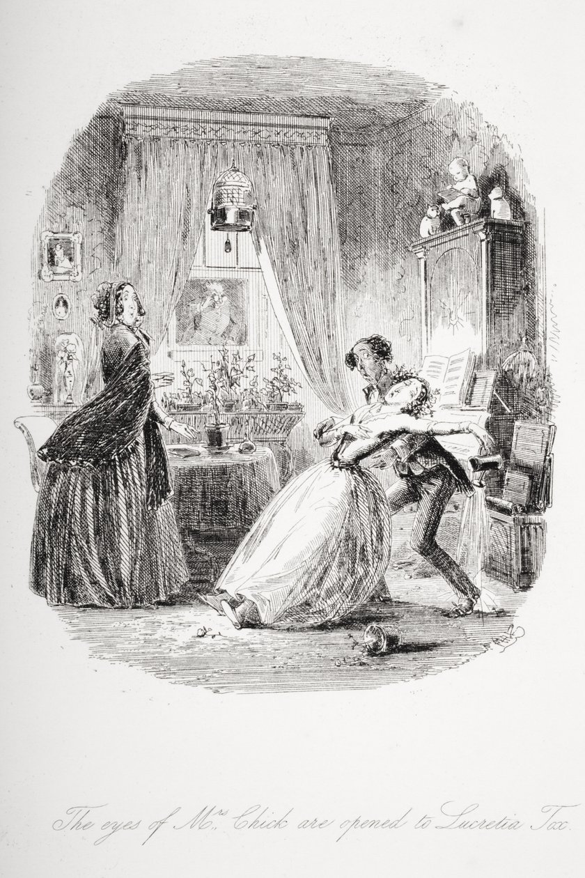 Rouva Chickin silmät avautuvat Lucretia Toxille, kuvitus Charles Dickensin (1812-70) teoksesta "Dombey and Son", joka julkaistiin ensimmäisen kerran 1848 tekijältä Hablot Knight Browne
