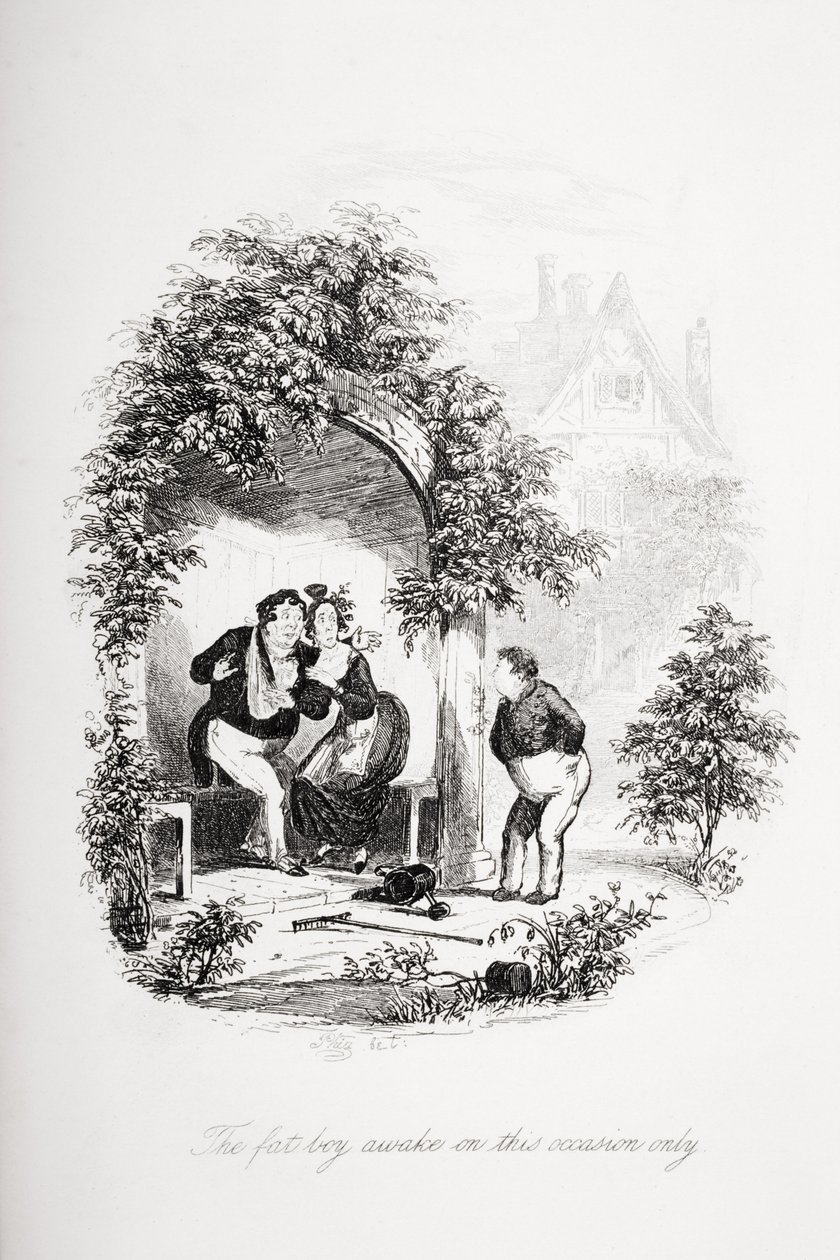 Lihava poika hereillä vain tässä yhteydessä, kuvitus Charles Dickensin (1812-70) Pickwick Papersista, julkaistu 1837 tekijältä Hablot Knight Browne