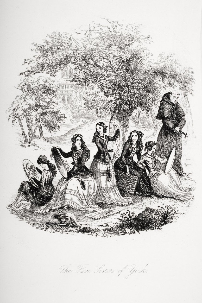 Viisi Yorkin sisarta, kuvitus Charles Dickensin (1812-70) teoksesta "Nicholas Nickleby", julkaistu 1839 tekijältä Hablot Knight Browne