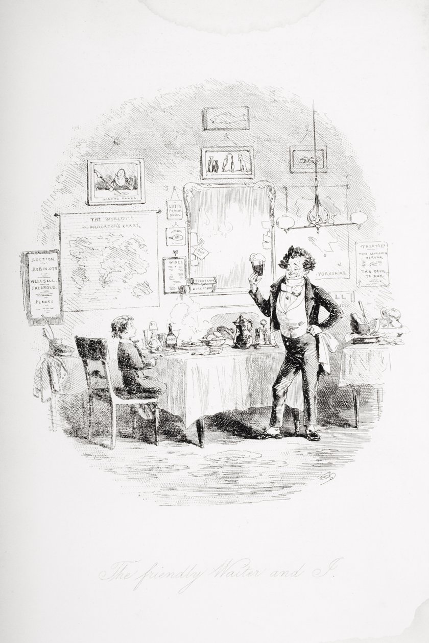 Ystävällinen tarjoilija ja minä, kuvitus Charles Dickensin (1812-70) David Copperfieldistä, joka julkaistiin ensimmäisen kerran 1850 tekijältä Hablot Knight Browne