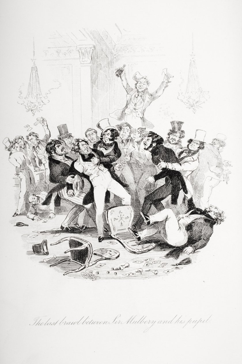 Viimeinen tappelu Sir Mulberryn ja hänen oppilaansa välillä, kuvitus Charles Dickensin (1812-70) teoksesta "Nicholas Nickleby", julkaistu 1839 (katso myös 249149) tekijältä Hablot Knight Browne