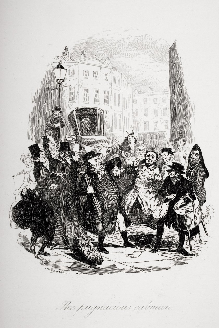 Vihainen taksimies, kuvitus Charles Dickensin (1812-70) Pickwick Papersista, julkaistu 1837 tekijältä Hablot Knight Browne