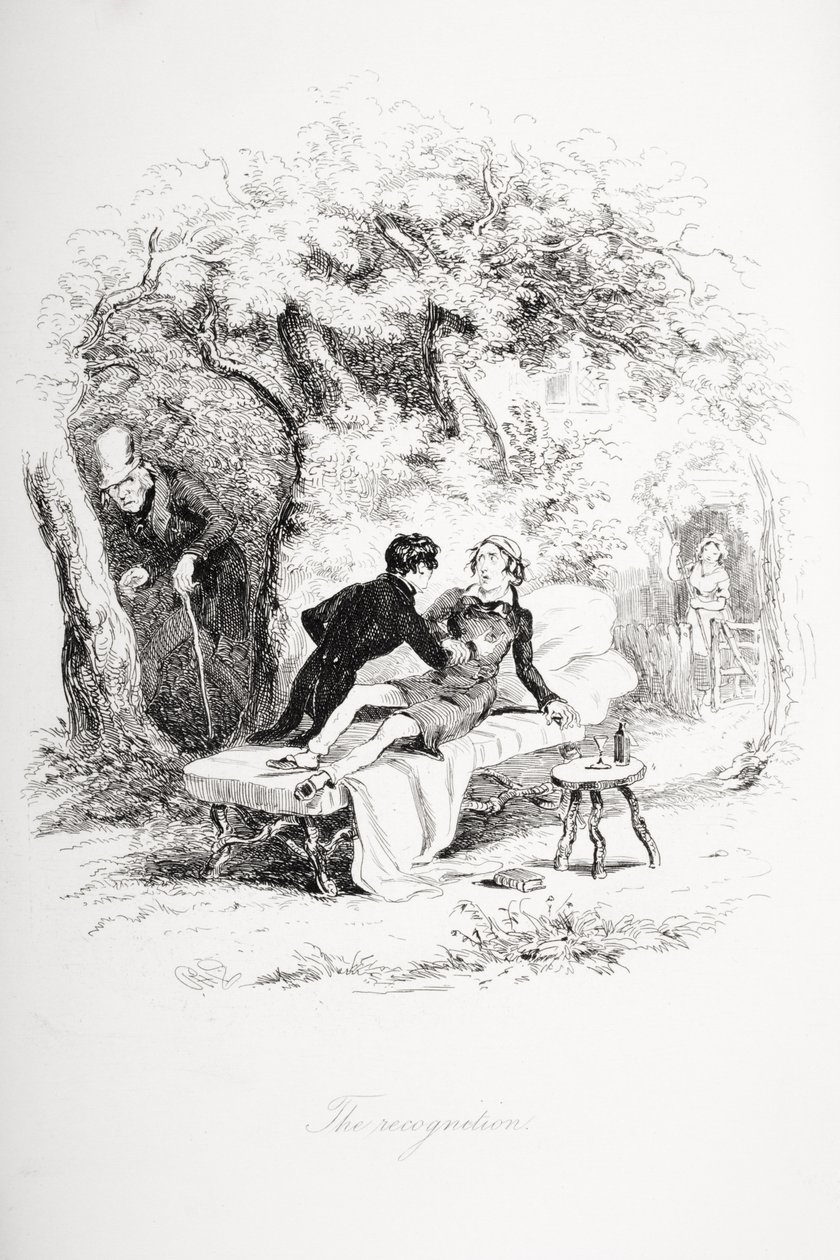 Tunnustus, kuvitus Charles Dickensin (1812-70) "Nicholas Nicklebystä" julkaistiin 1839 tekijältä Hablot Knight Browne