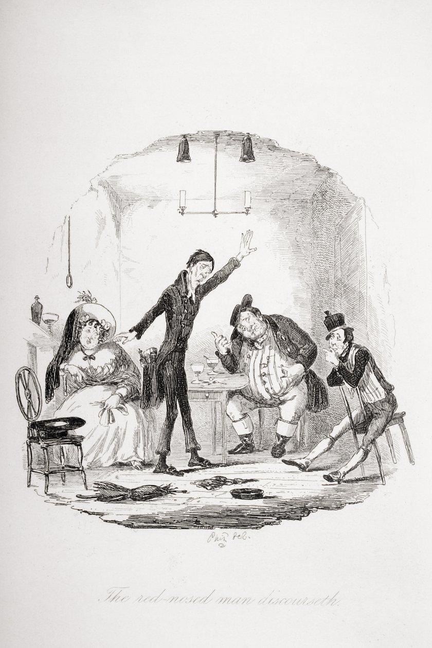 Punanenäinen mies puhuu, kuvitus Charles Dickensin (1812-70) Pickwick Papersista, julkaistu 1837 tekijältä Hablot Knight Browne