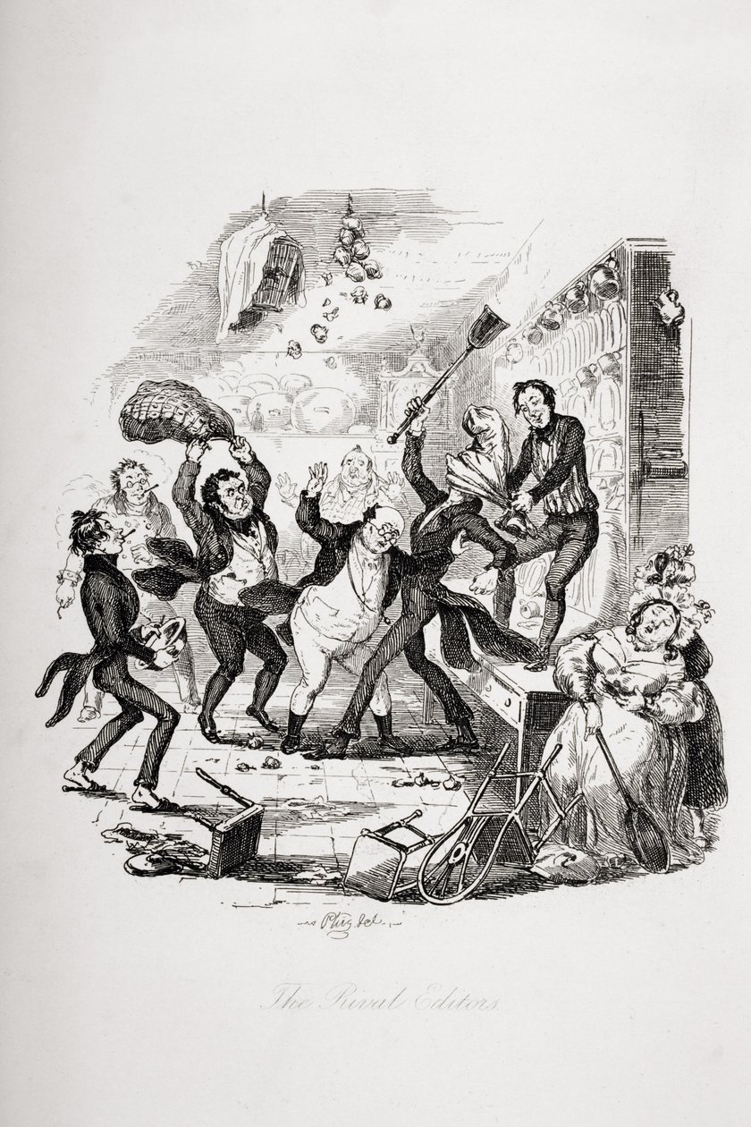 Kilpailevat toimittajat, kuvitus Charles Dickensin (1812-70) Pickwick Papersista, julkaistu 1837 tekijältä Hablot Knight Browne