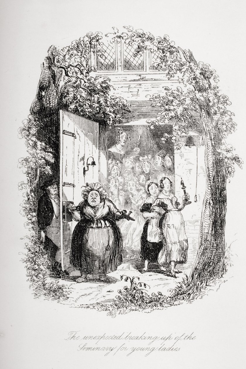 Nuorten naisten seminaarin yllättävä hajoaminen, kuvitus Charles Dickensin (1812-70) teoksesta "Pickwickin kirjat", julkaistu 1837. tekijältä Hablot Knight Browne