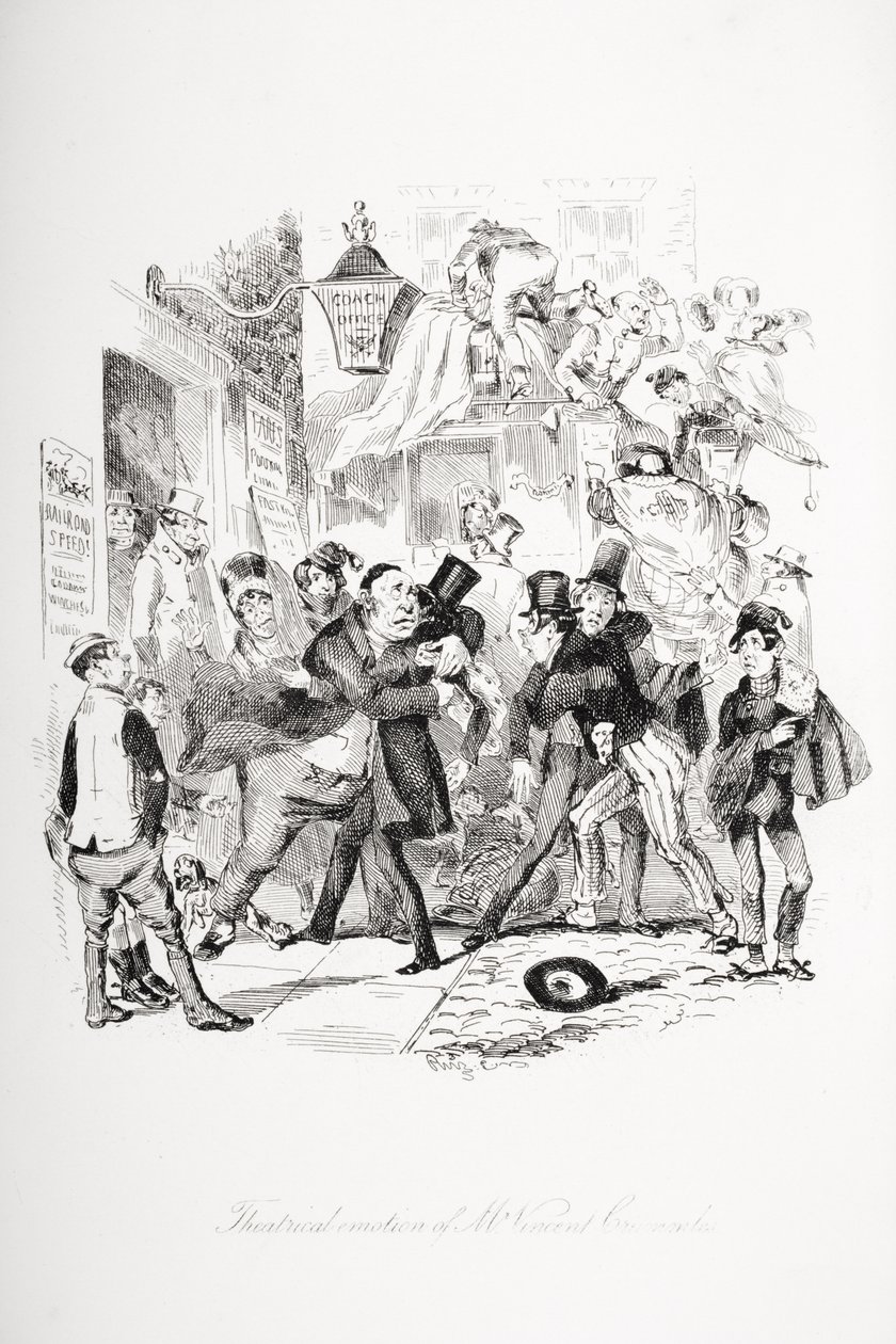 Hra Vincent Crummlesin teatterillinen tunne, kuvitus Charles Dickensin (1812-70) Nicholas Nicklebystä, julkaistu 1839 tekijältä Hablot Knight Browne