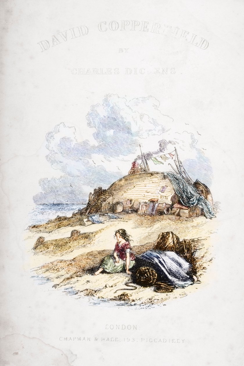 Nimisivukuvitus Charles Dickensin (1812-70) David Copperfieldistä, joka julkaistiin ensimmäisen kerran 1850 (myöhemmin väritetty) tekijältä Hablot Knight Browne