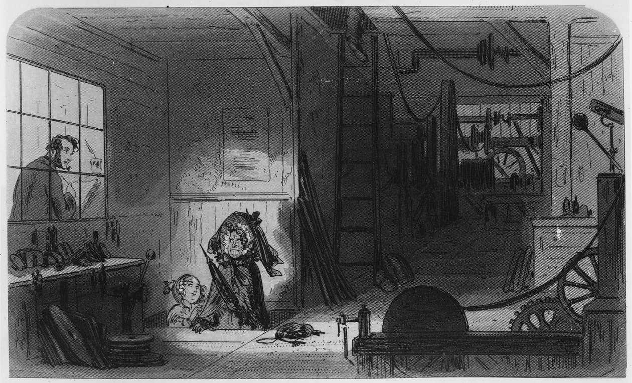 Vierailijat tehtaalla, kuvitus Charles Dickensin Little Dorritista, 1857 tekijältä Hablot Knight Browne