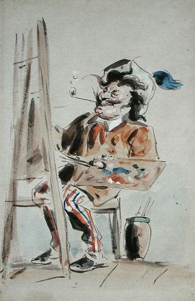Taiteilijan karikatyyri (akvarelli paperille) tekijältä Hablot Knight Browne