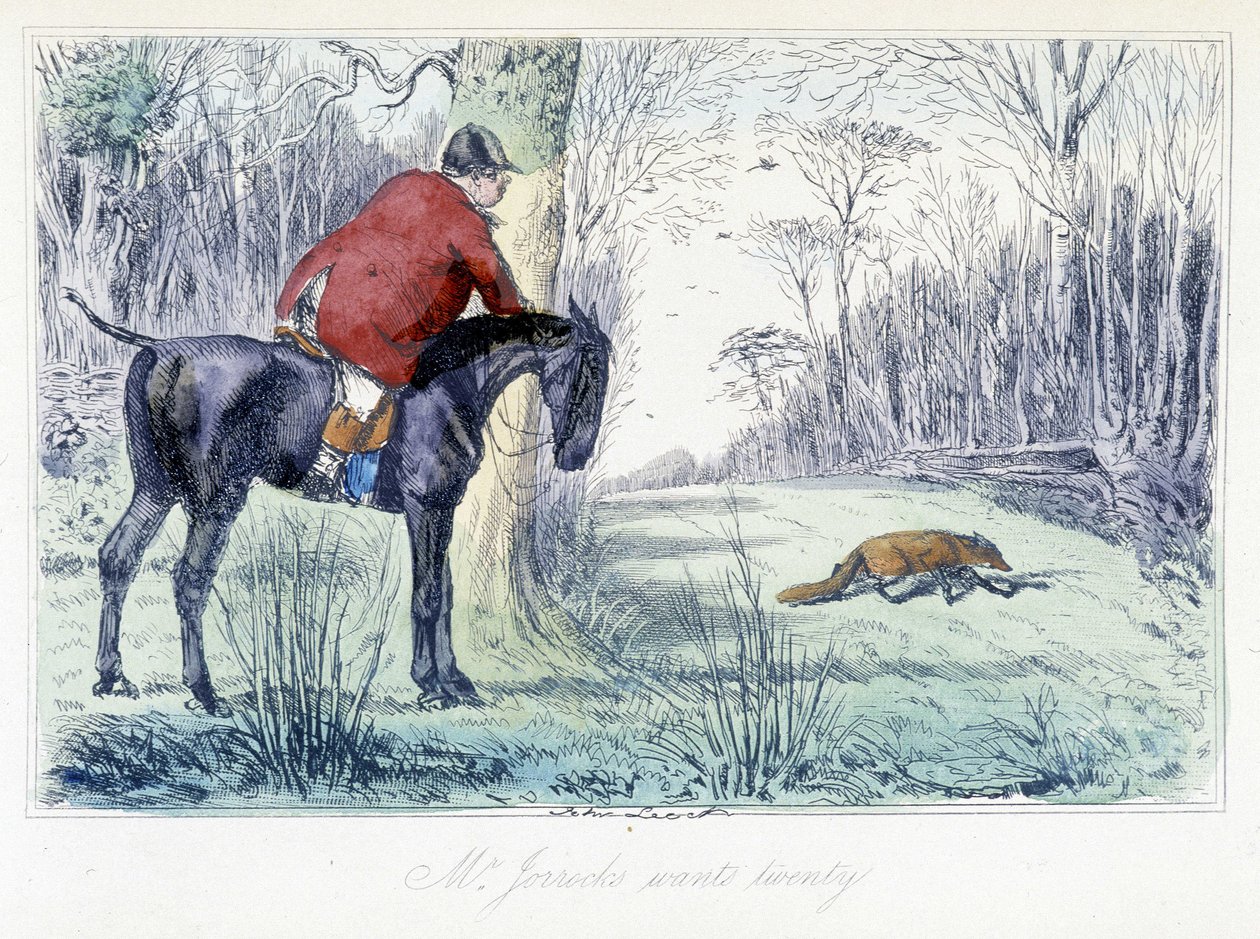 Hevosen selässä metsästyskohtaus. Englantilainen sarjakuva ketunmetsästyksestä H.K. Brownen ja W.T. Maudin kuvituksesta "Adventures of Thomas Scott or Hawbuck Grange". tekijältä Hablot Knight Browne