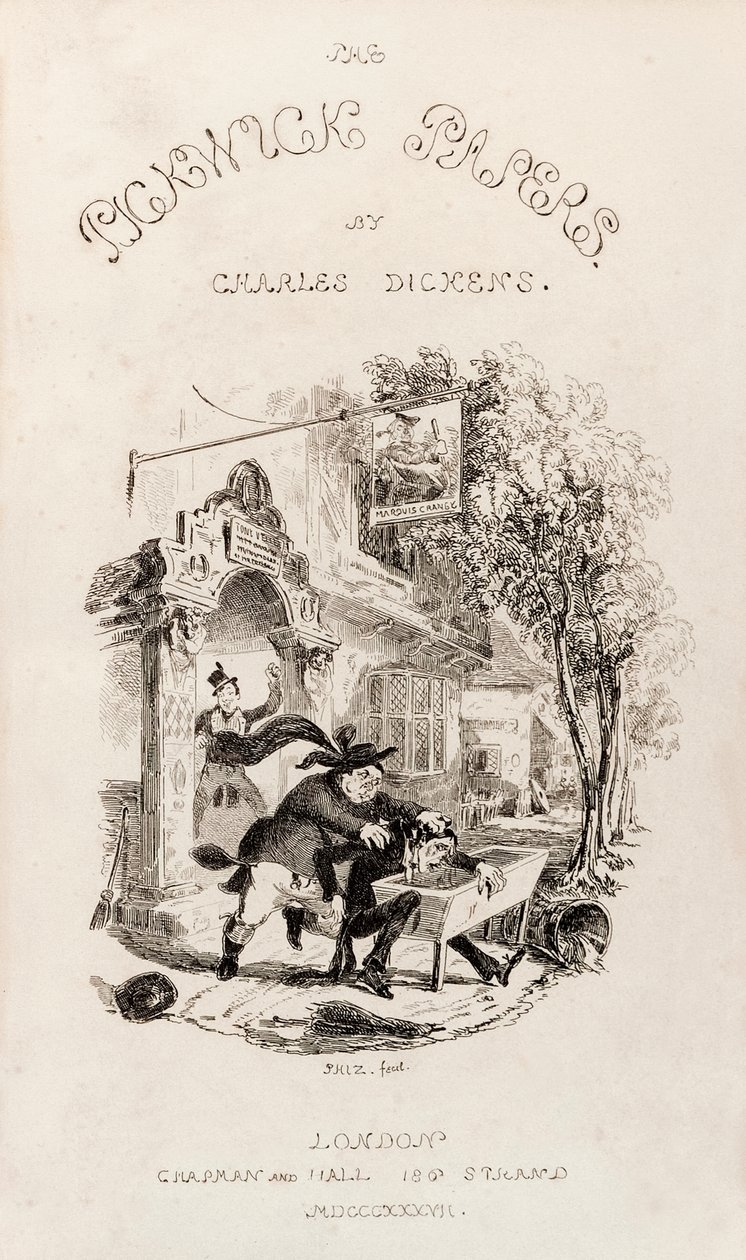 Nimisivu julkaisusta "Pickwick Clubin kuolemanjälkeiset paperit", joka julkaistiin kirjana vuonna 1837 tekijältä Hablot Knight Browne