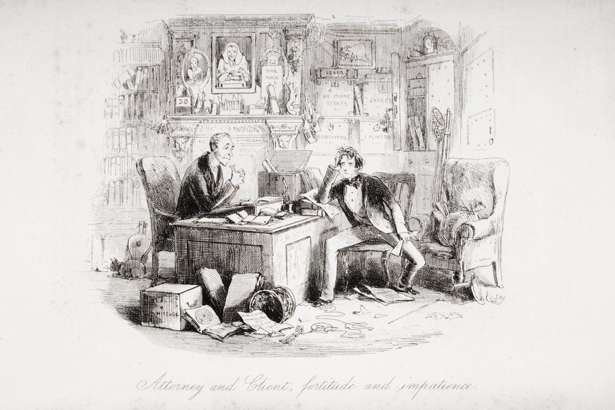 Asianajaja ja asiakas, rohkeutta ja kärsimättömyyttä, kuvitus Charles Dickensin (1812-70) teoksesta "Bleak House", julkaistu 1853 (litho) tekijältä Hablot Knight Browne