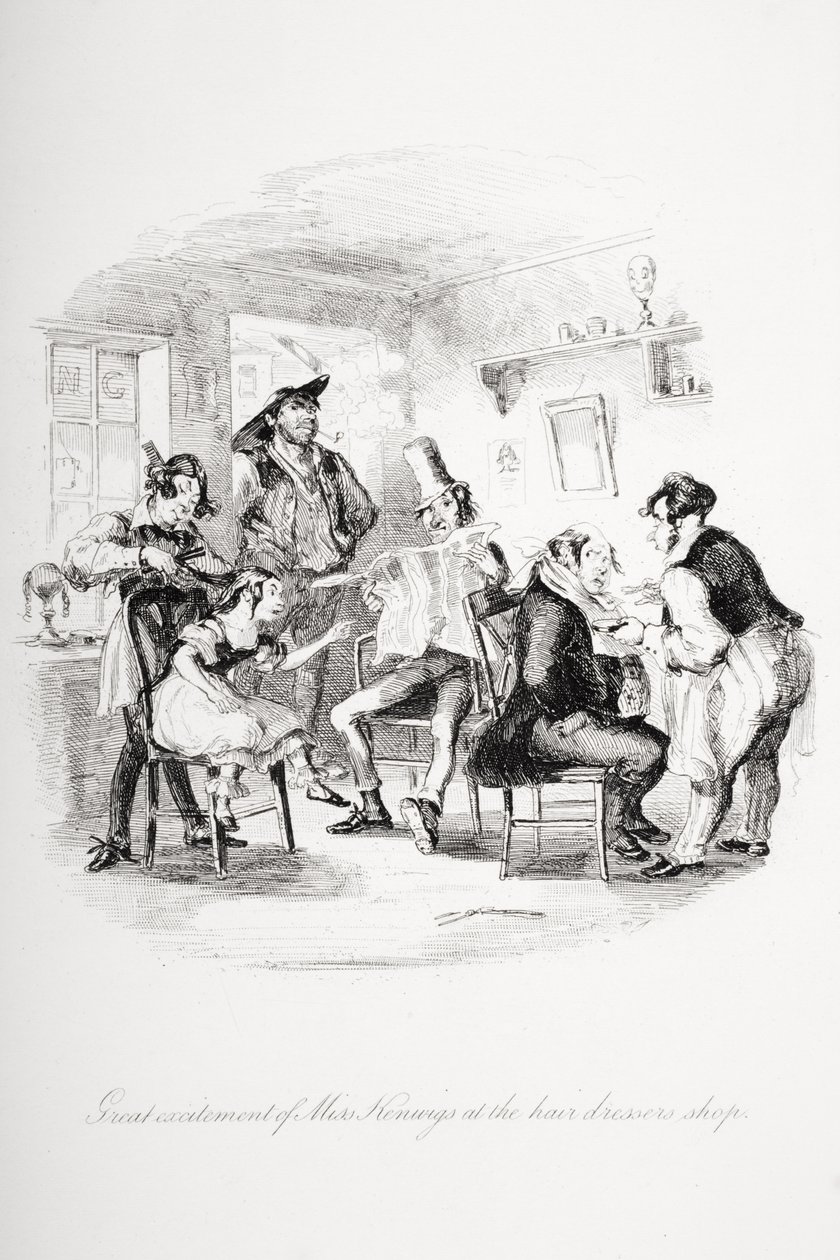 Neiti Kenwigin suuri jännitys kampaamossa, kuvitus Charles Dickensin (1812-70) Nicholas Nicklebystä, julkaistu 1839 (litho) tekijältä Hablot Knight Browne