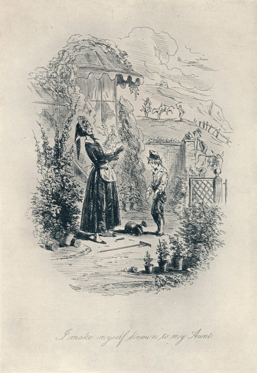 Teen itseni tunnetuksi tädilleni. Etsaus David Copperfieldiltä, 1840-1880, 1923 tekijältä Hablot Knight Browne