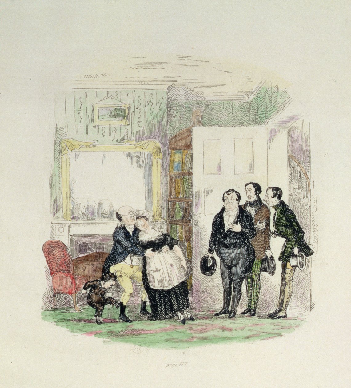 Hänen ystävänsä löytävät herra Pickwickin rouva Bardellin sylissään, kuvitus Charles Dickensin (1812-70) Pickwick Papersista 1837 (värikaiverrus) tekijältä Hablot Knight Browne