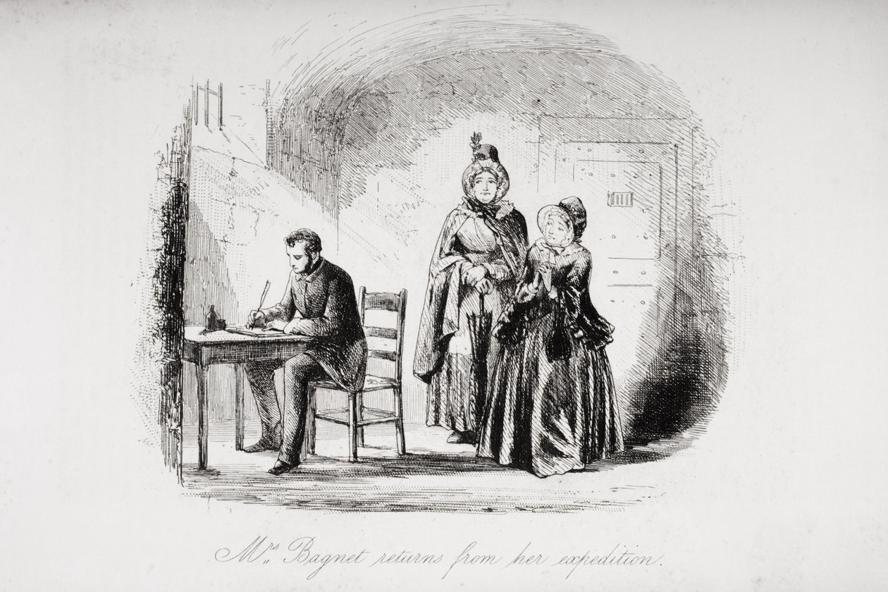 Rouva Bagnet palaa tutkimusmatkaltaan, kuvitus Charles Dickensin (1812-70) "Bleak Housesta" julkaistiin 1853 tekijältä Hablot Knight Browne