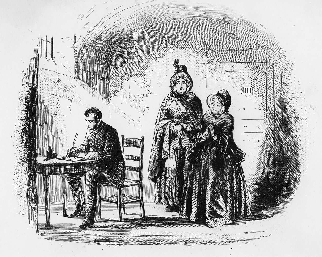 Rouva Bagnet palaa tutkimusmatkaltaan, kuvitus Charles Dickensin (1812-70) "Bleak Housesta" julkaistiin 1853 tekijältä Hablot Knight Browne